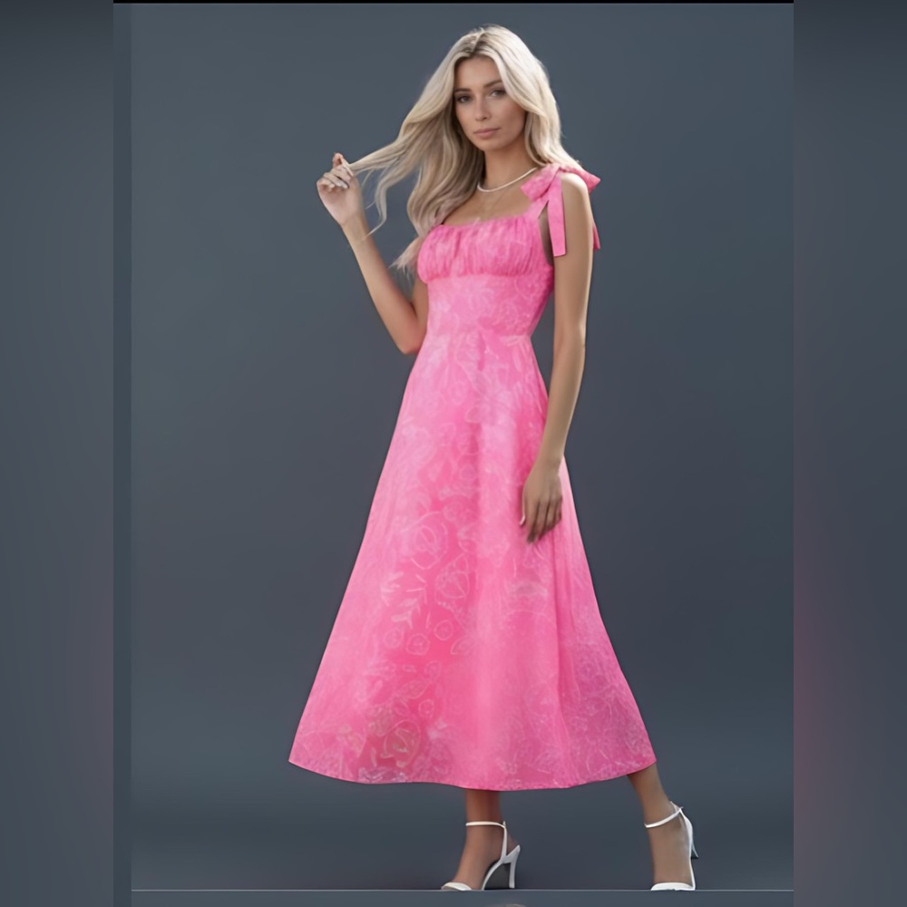 Last One 🔥 Pink Chiffon Floral Print Tie Shoulder Ruched Bust Cami Dress - Picture 4 of 8